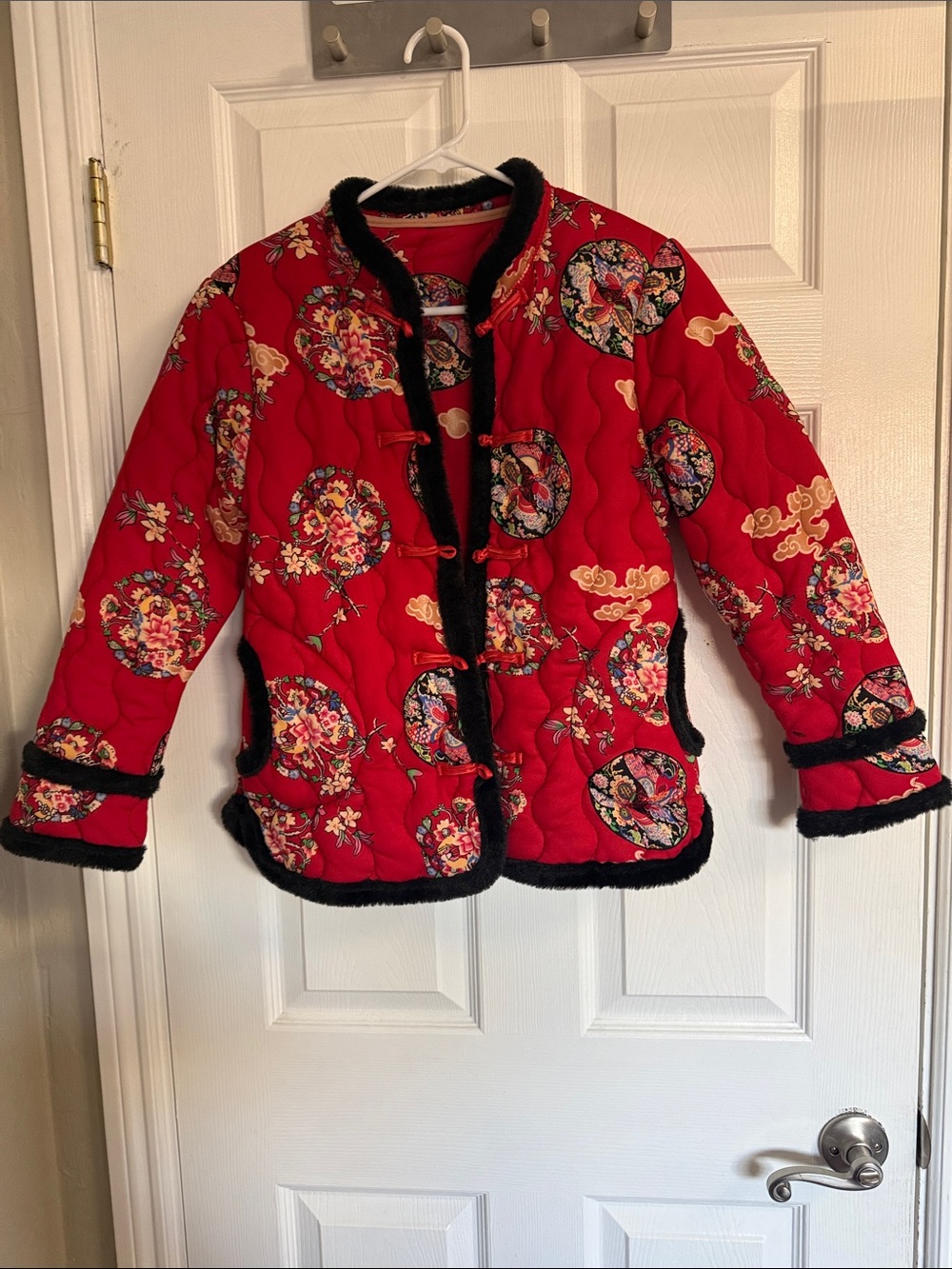 Women’s size Small Red Floral Quilted Jacket with Black Trim